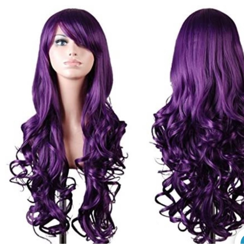 Fun long dark purple wig. 32” high quality synthetic fibers.  Comes curled.